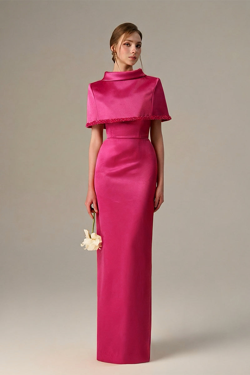 Pink Taffeta Dress With A Cropped Cape And Inverted Lapel