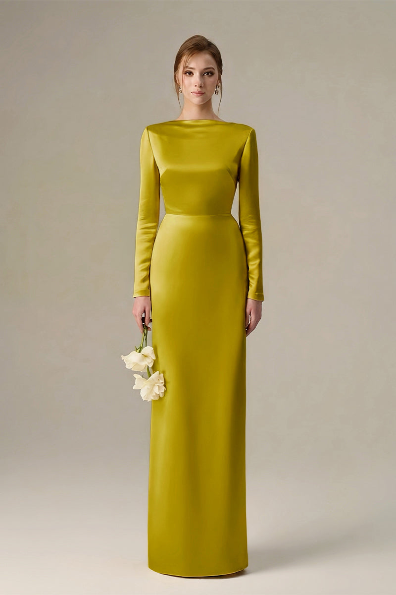 Gold Long-Sleeve Satin Silk Dress With A Draped Back Neckline And Tie Detail