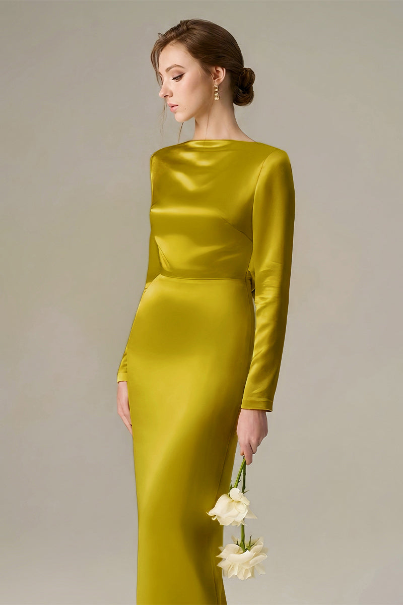 Gold Long-Sleeve Satin Silk Dress With A Draped Back Neckline And Tie Detail
