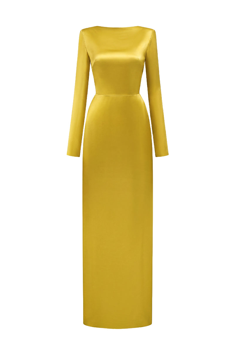 Gold Long-Sleeve Satin Silk Dress With A Draped Back Neckline And Tie Detail