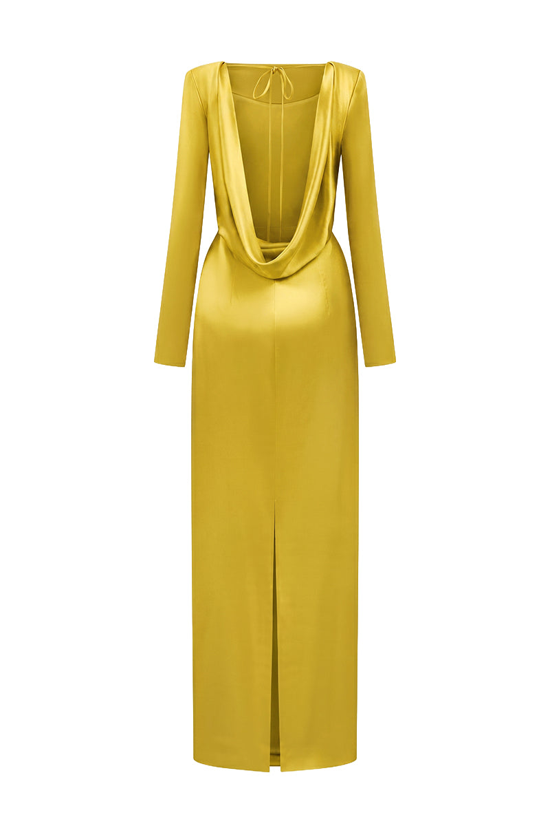Gold Long-Sleeve Satin Silk Dress With A Draped Back Neckline And Tie Detail