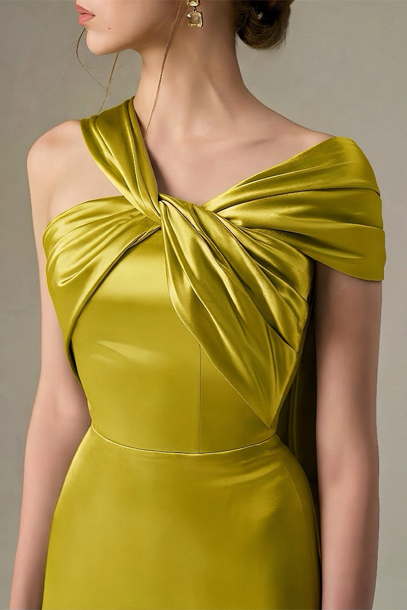 Yellow Satin Silk Dress With Twisted Cross And Pleated Drape