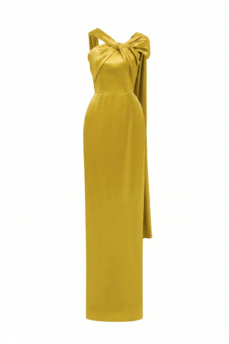 Yellow Satin Silk Dress With Twisted Cross And Pleated Drape