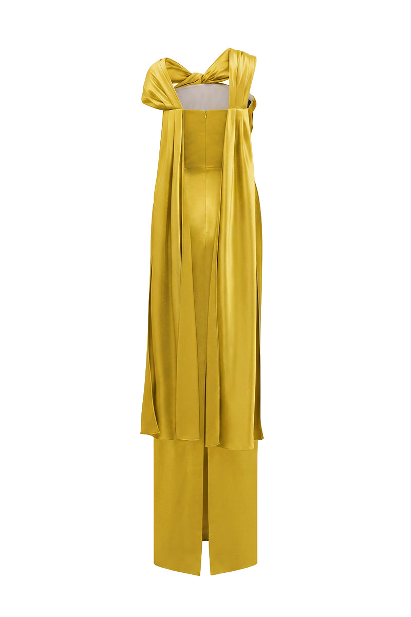 Yellow Satin Silk Dress With Twisted Cross And Pleated Drape