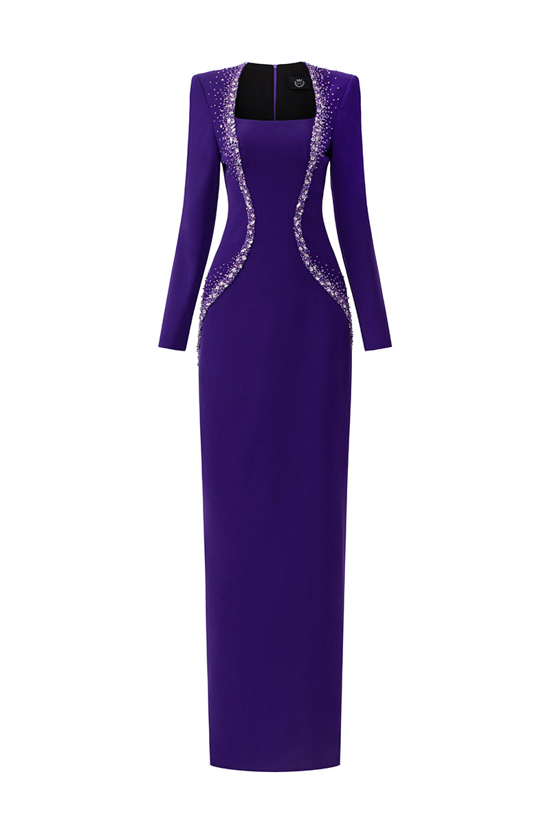 Embellished Trapeze Neck Column Gown With Long Sleeves