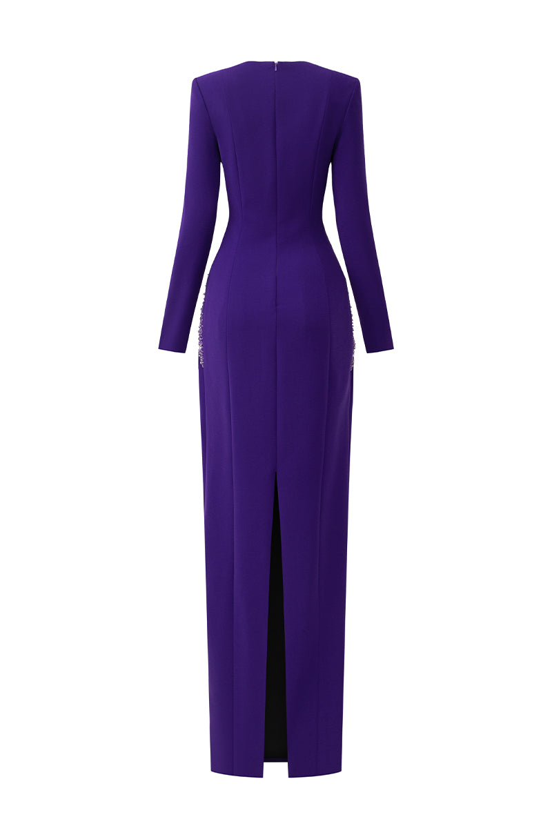 Embellished Trapeze Neck Column Gown With Long Sleeves