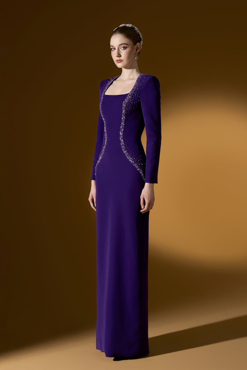 Embellished Trapeze Neck Column Gown With Long Sleeves