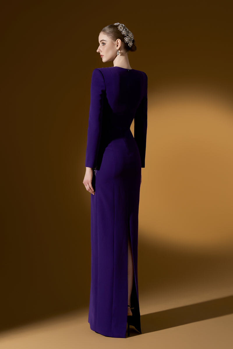 Embellished Trapeze Neck Column Gown With Long Sleeves