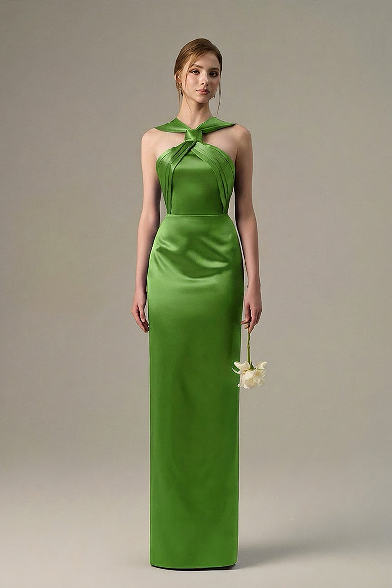 Green Satin Silk Dress With A Ruched Neckline And Tie