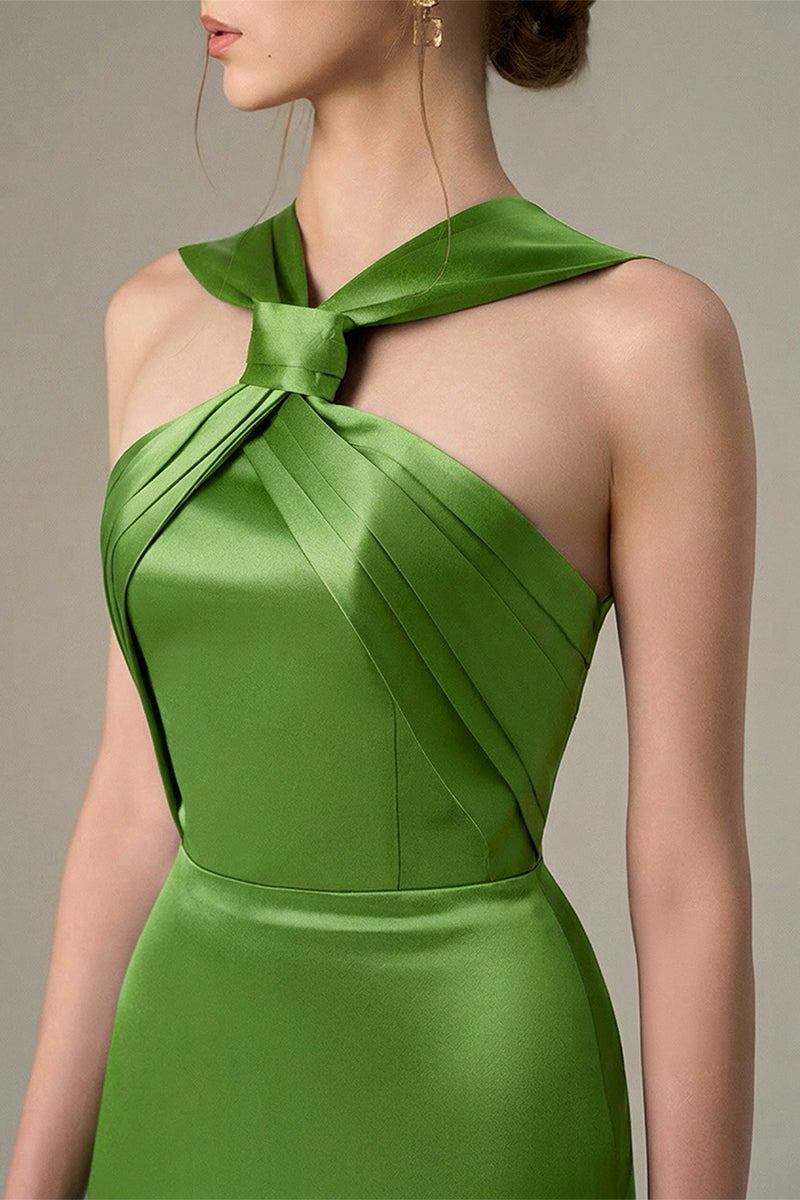 Green Satin Silk Dress With A Ruched Neckline And Tie