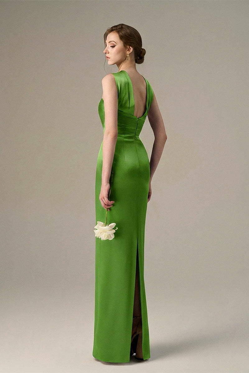 Green Satin Silk Dress With A Ruched Neckline And Tie