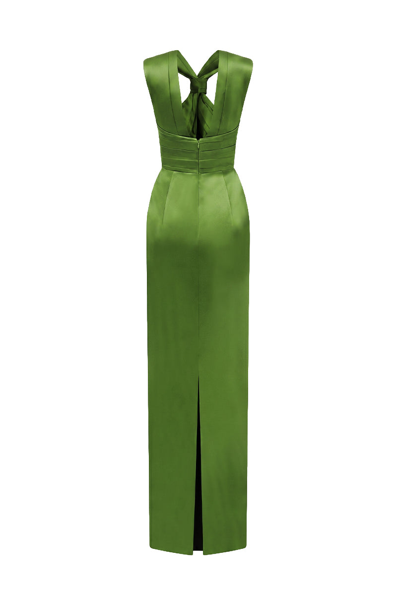 Green Satin Silk Dress With A Ruched Neckline And Tie