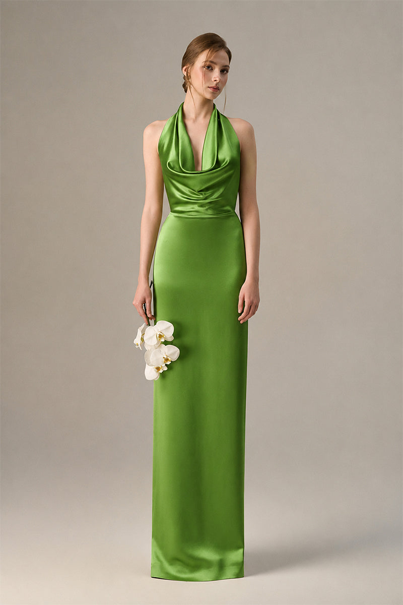 Green Satin Silk Halter Dress With Pleated Detailing