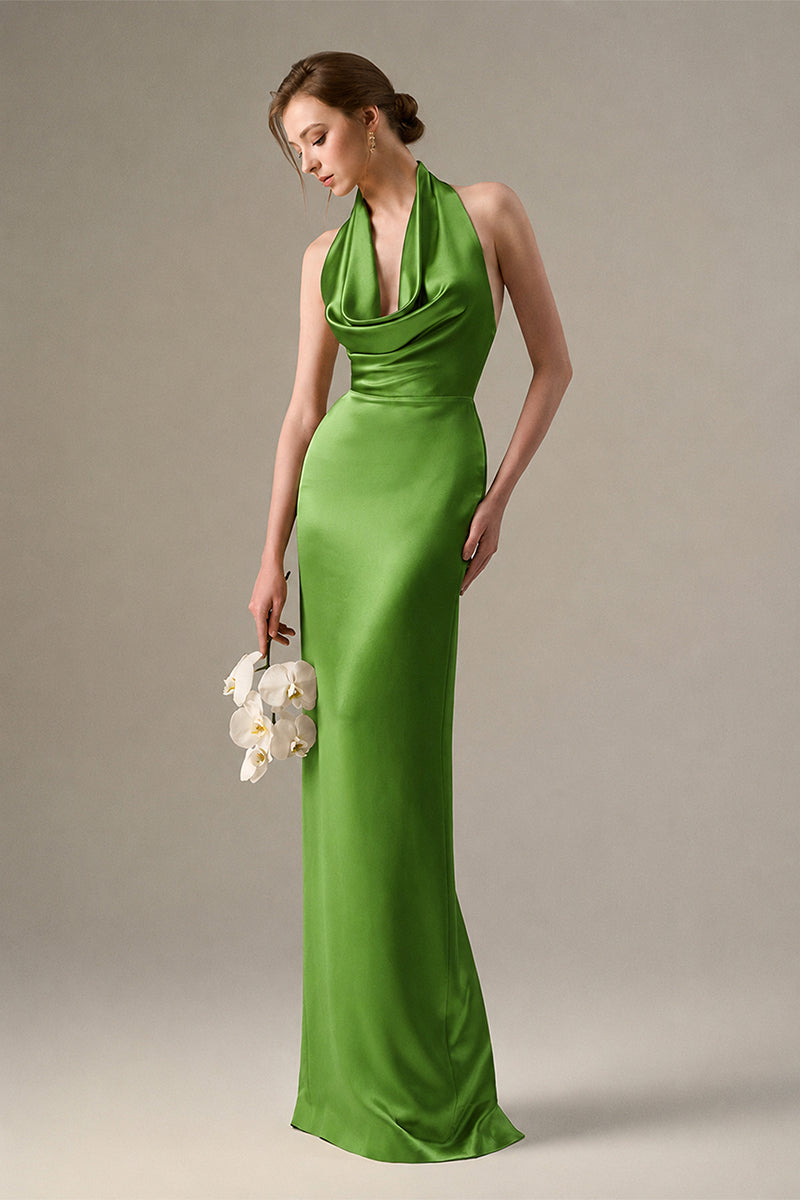 Green Satin Silk Halter Dress With Pleated Detailing