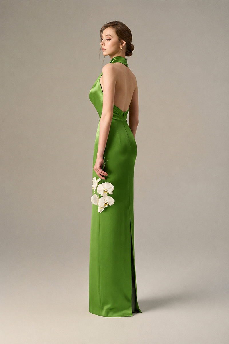 Green Satin Silk Halter Dress With Pleated Detailing