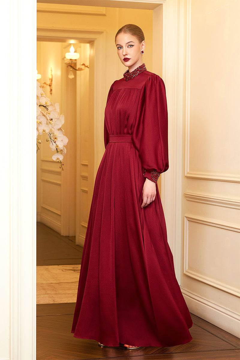 High Neckline Bouffant Sleeves Gown