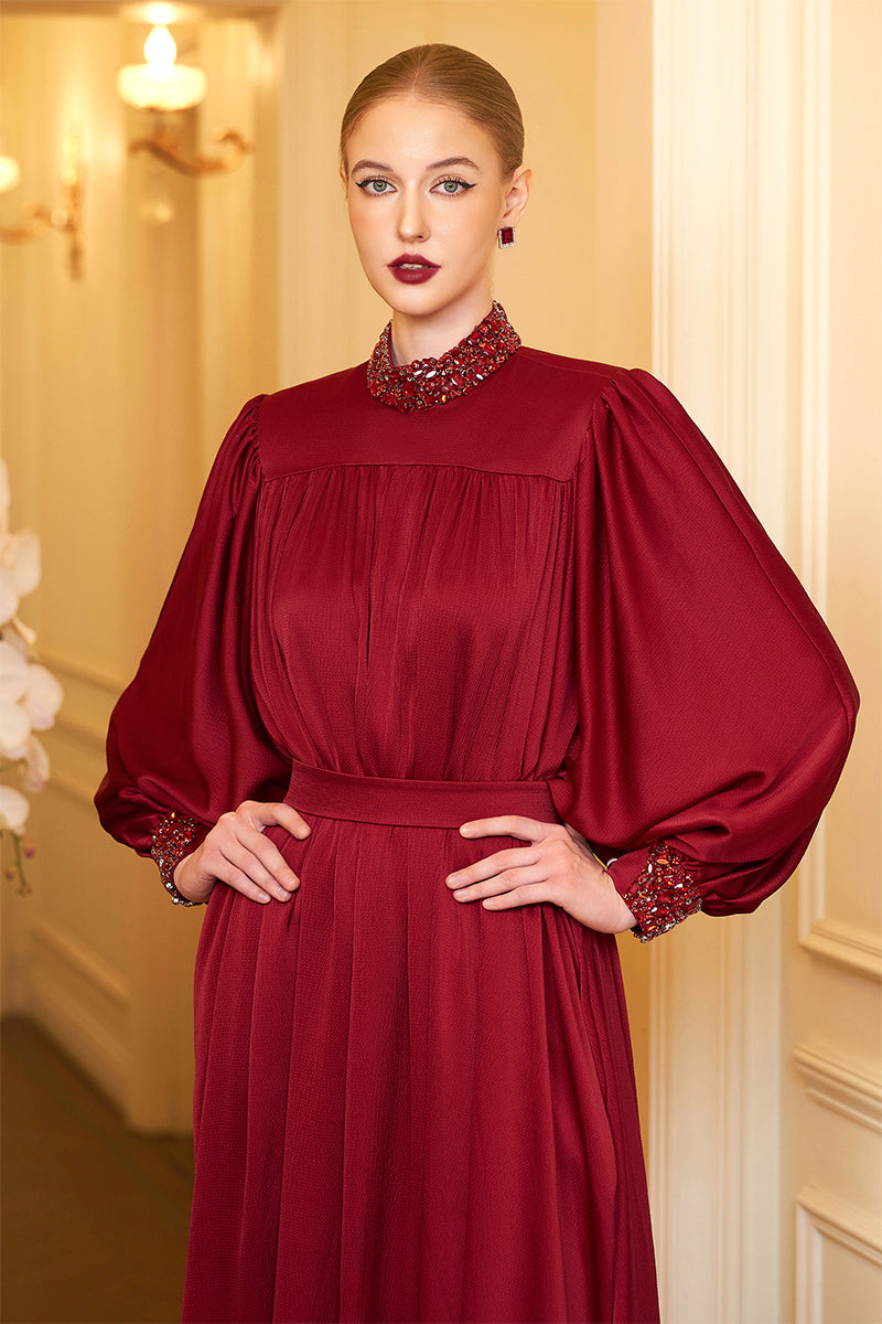 High Neckline Bouffant Sleeves Gown