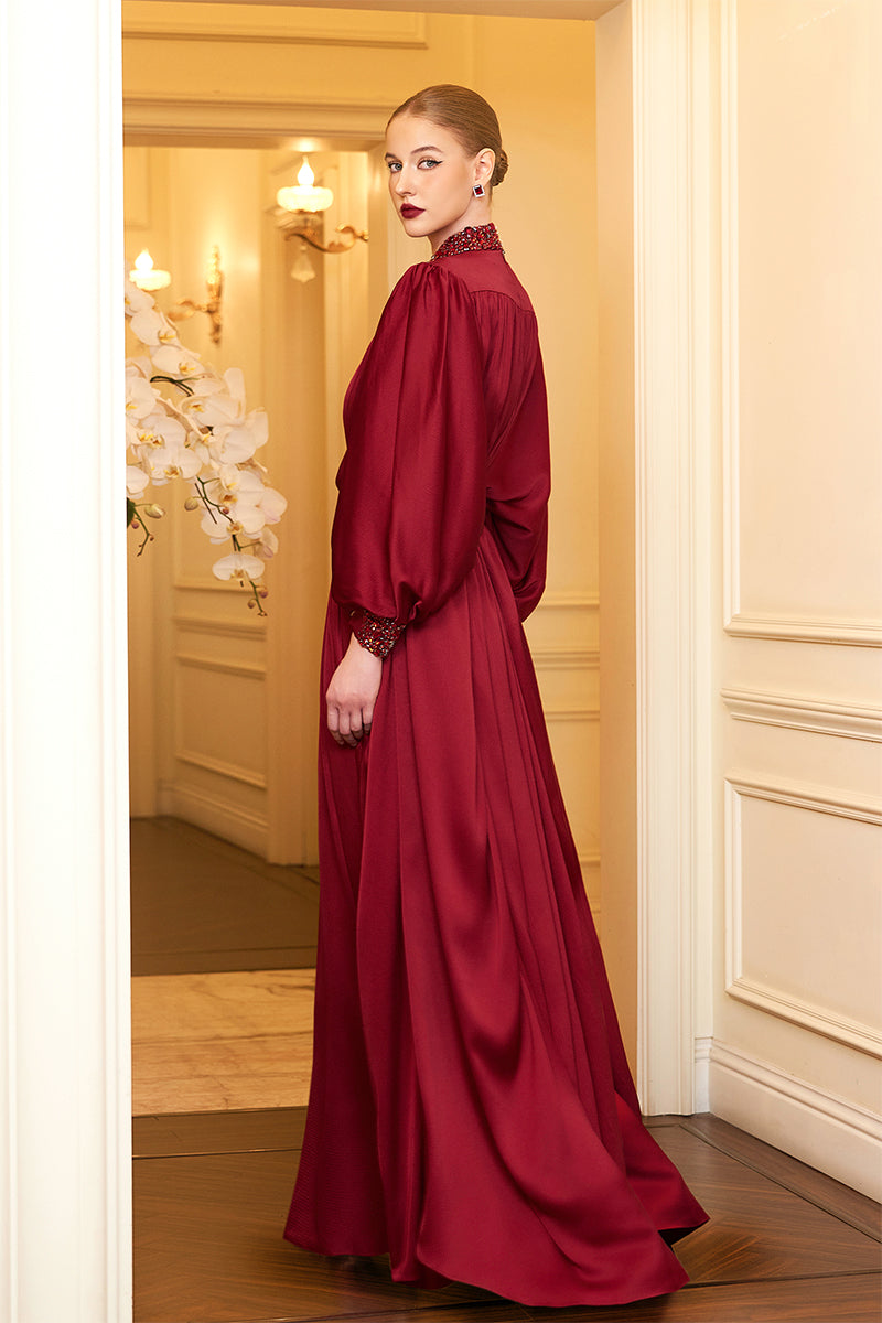 High Neckline Bouffant Sleeves Gown
