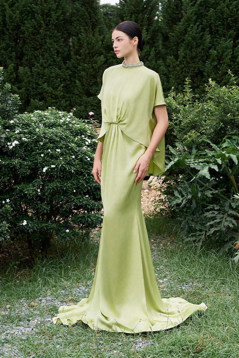 High Neck Gathered Waistline Mullet Gown