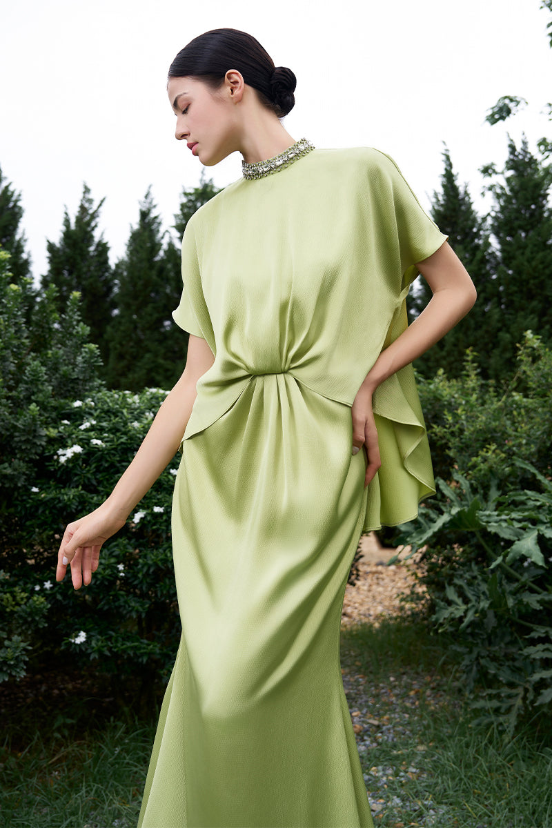 High Neck Gathered Waistline Mullet Gown