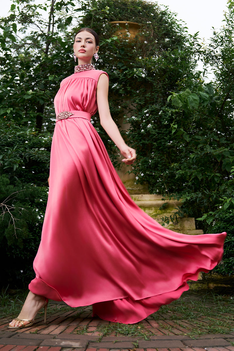 High Neck Sleeveless Gathered Silk Gown