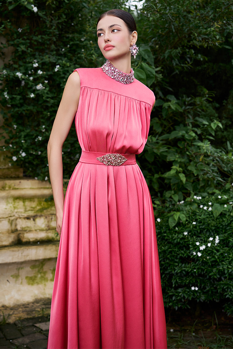 High Neck Sleeveless Gathered Silk Gown