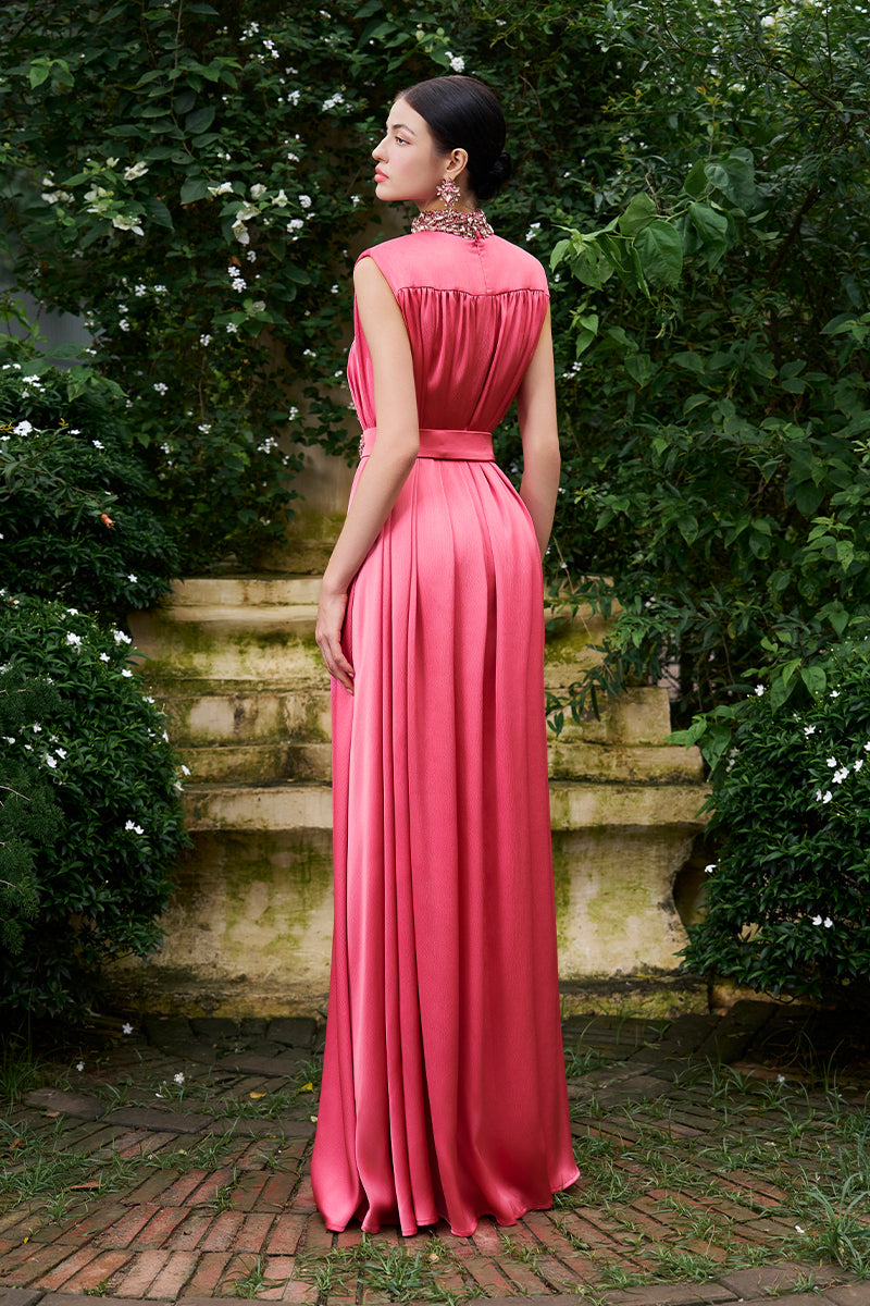 High Neck Sleeveless Gathered Silk Gown