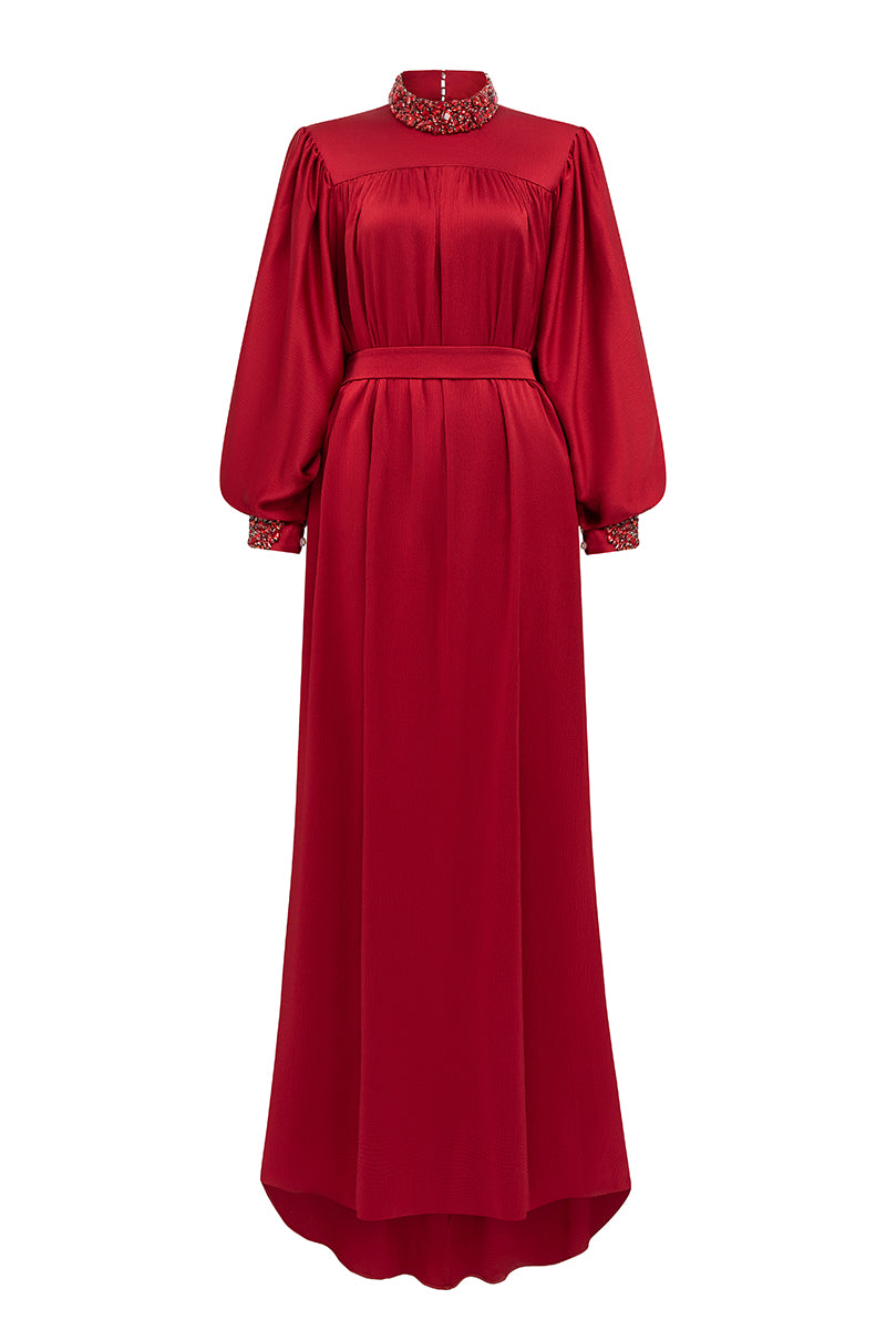 High Neckline Bouffant Sleeves Gown