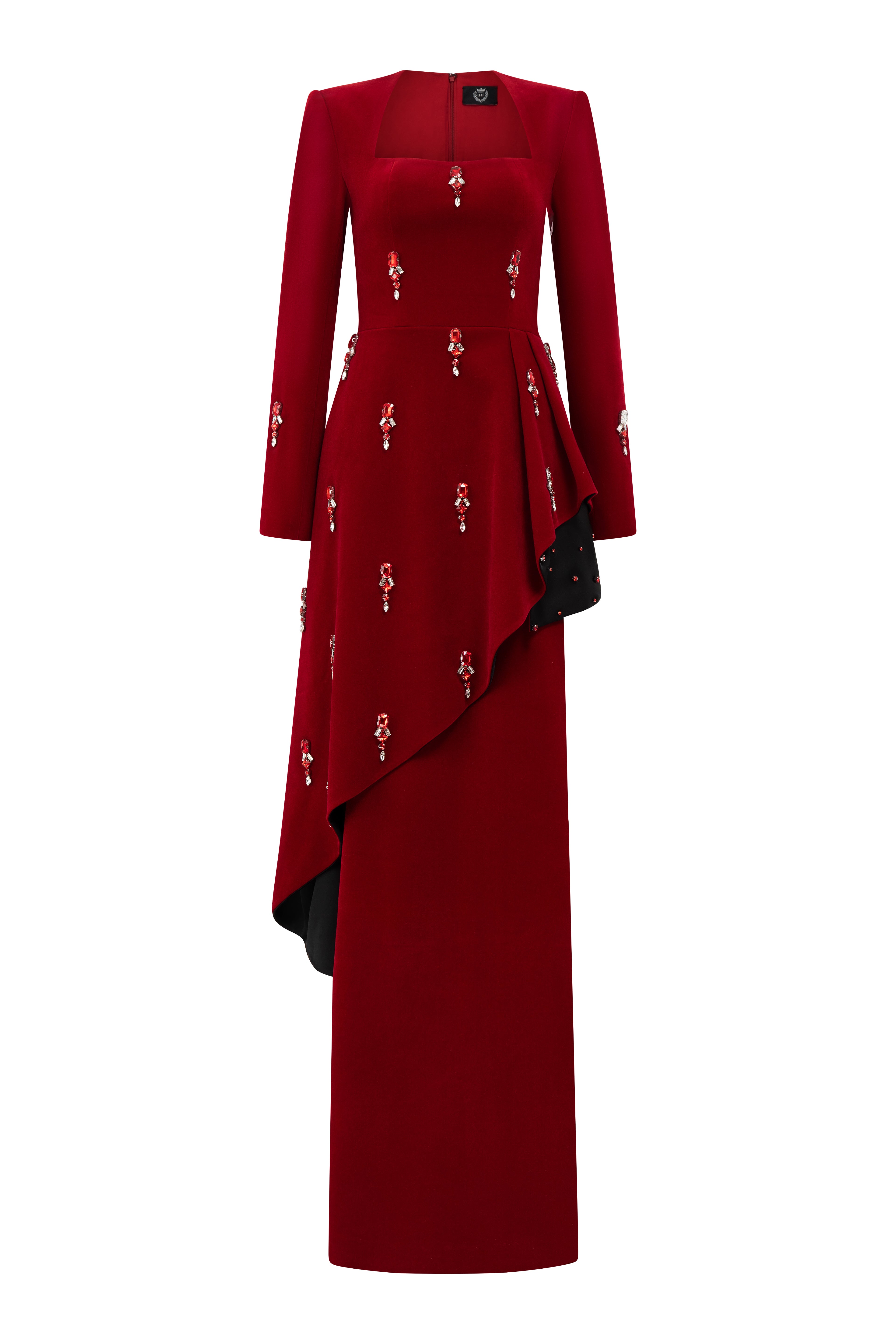 Queen Anne Neckline and Draped Waist Black Velvet Gown