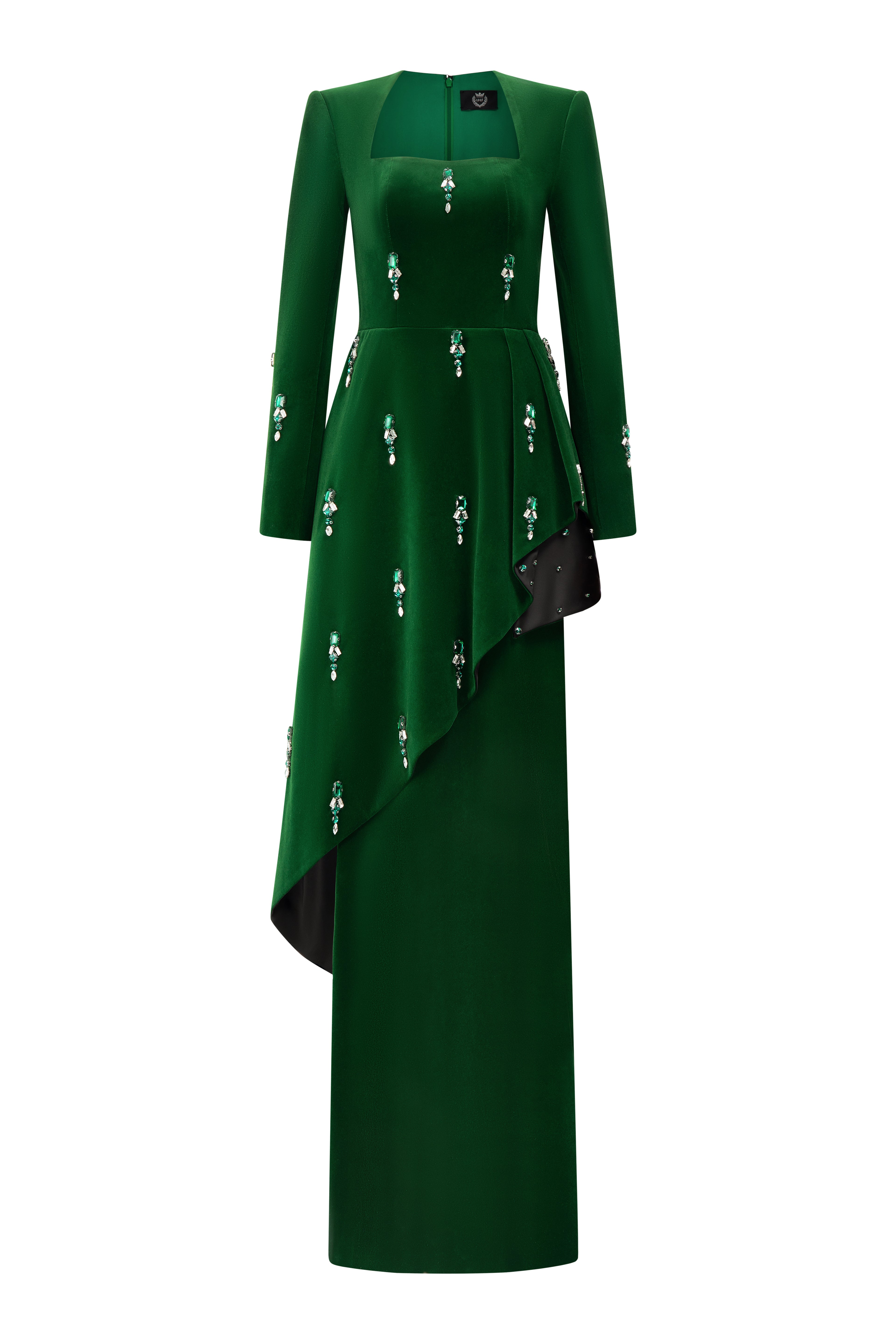 Queen Anne Neckline and Draped Waist Black Velvet Gown