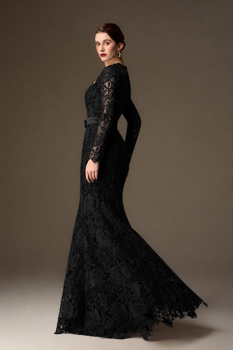 Trapeze Neck Mermaid Gown With Waist Belt In Cocoa Black Lily Floral Lace