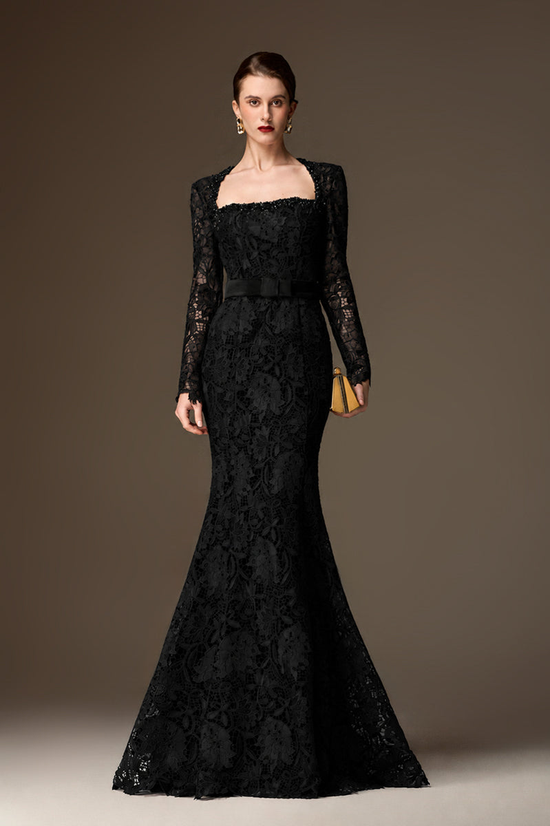 Trapeze Neck Mermaid Gown With Waist Belt In Cocoa Black Lily Floral Lace
