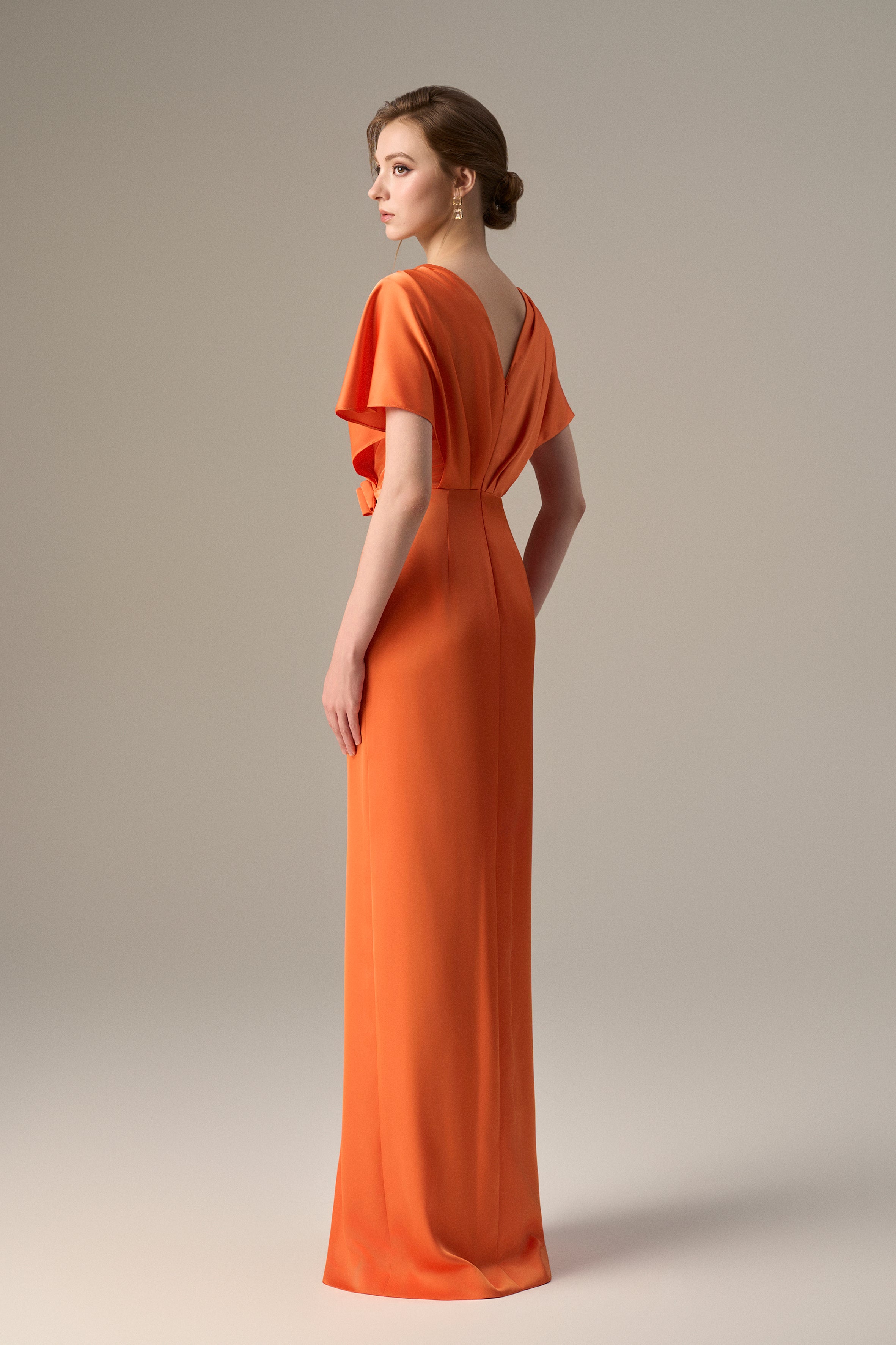 Orange Agate Silk V-Neck Dress With Flutter Sleeves And A Slit