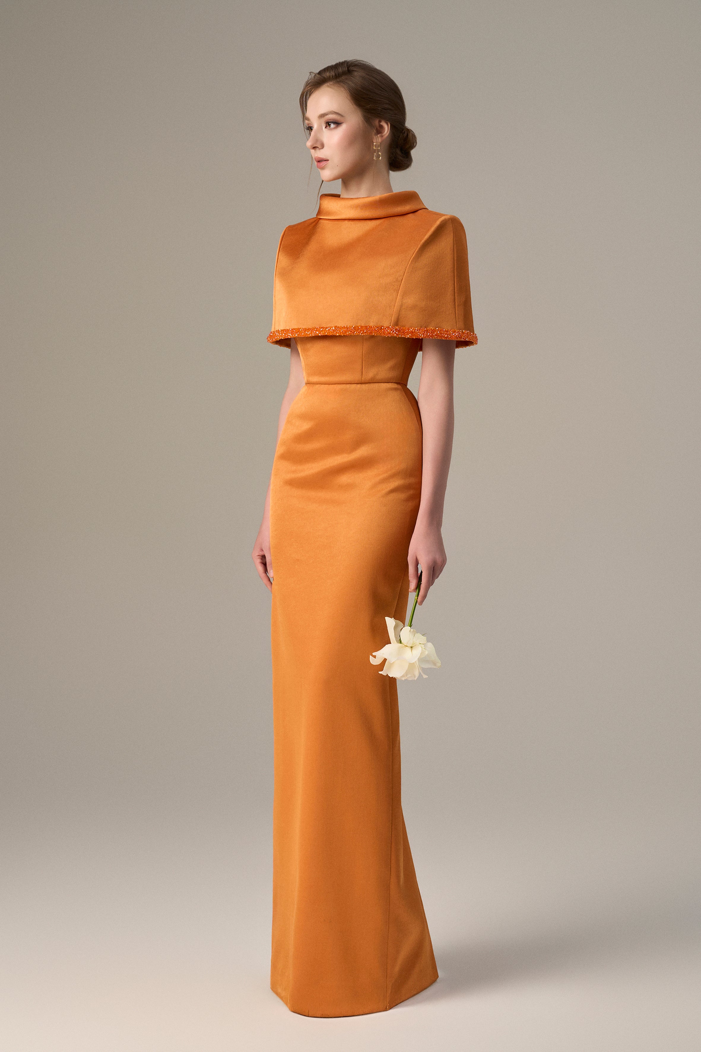 Orange Taffeta Dress With A Cropped Cape And Inverted Lapel
