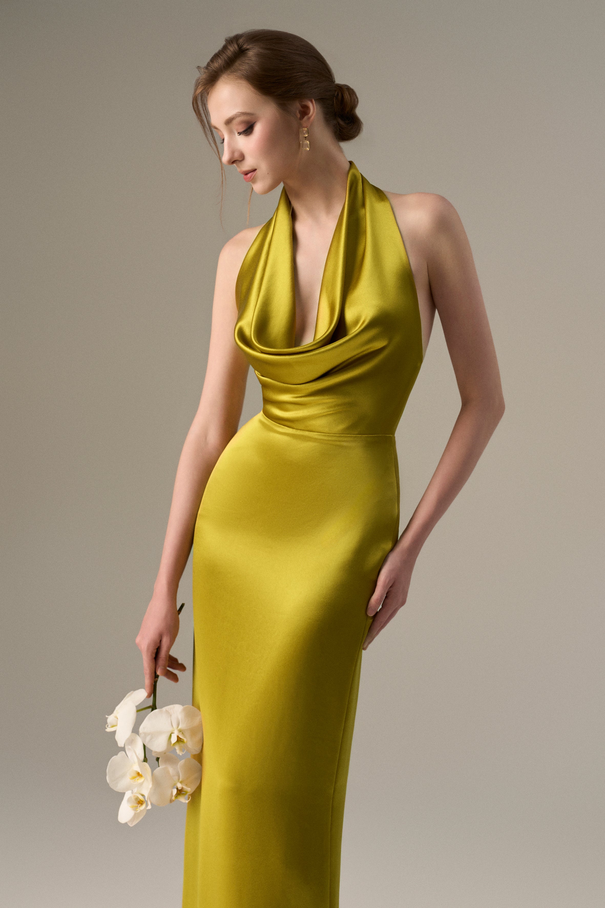 Yellow Satin Silk Halter Dress With Pleated Detailing