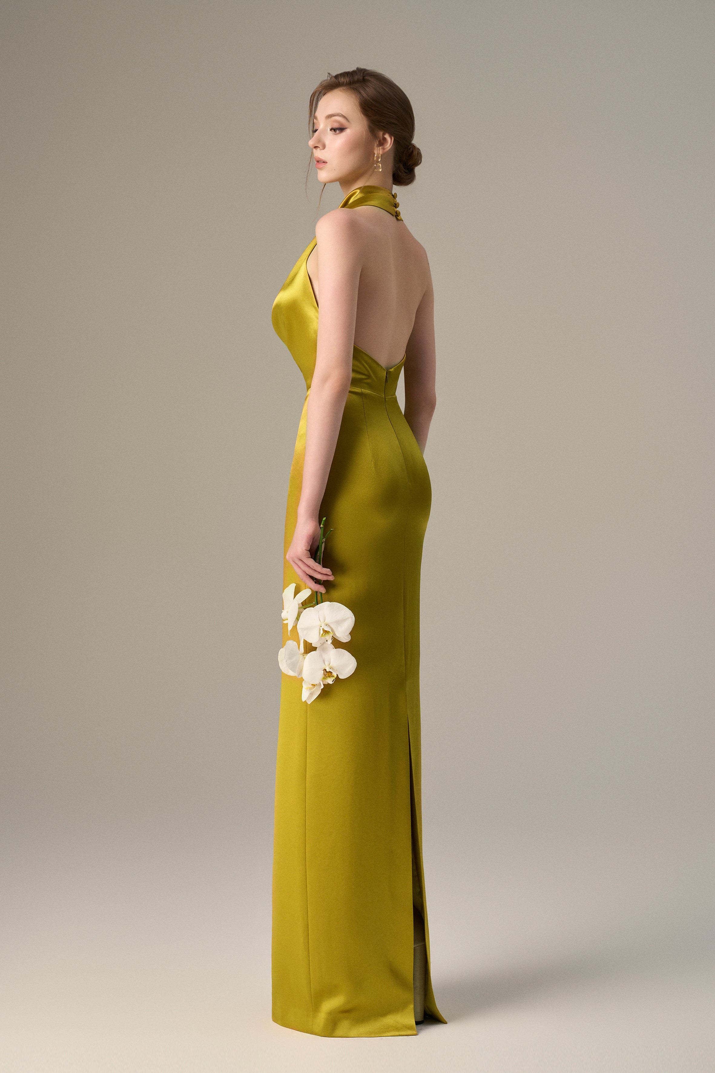 Yellow Satin Silk Halter Dress With Pleated Detailing