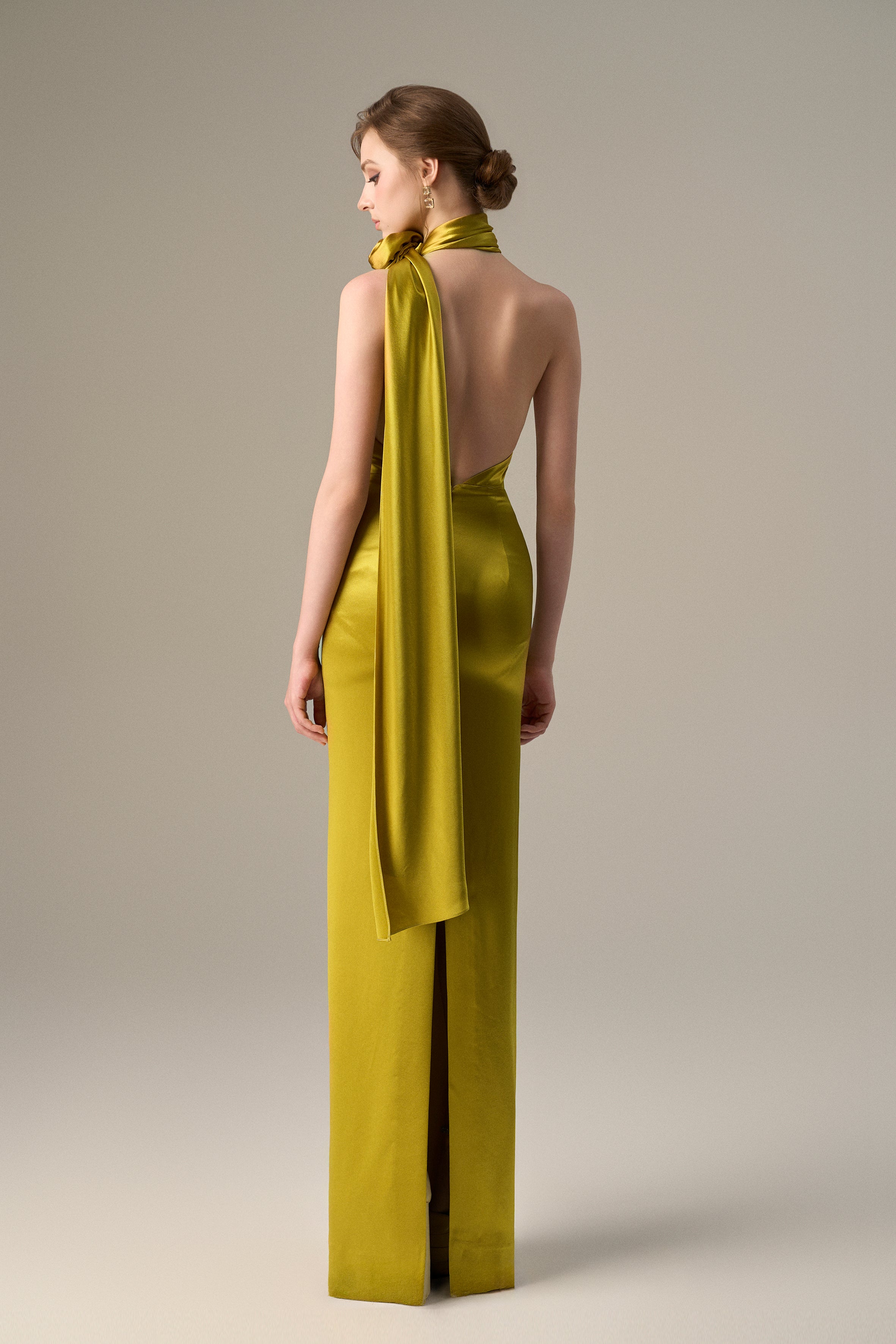 Yellow Satin Silk Halter Dress With Cross Detail And Pleated Drape