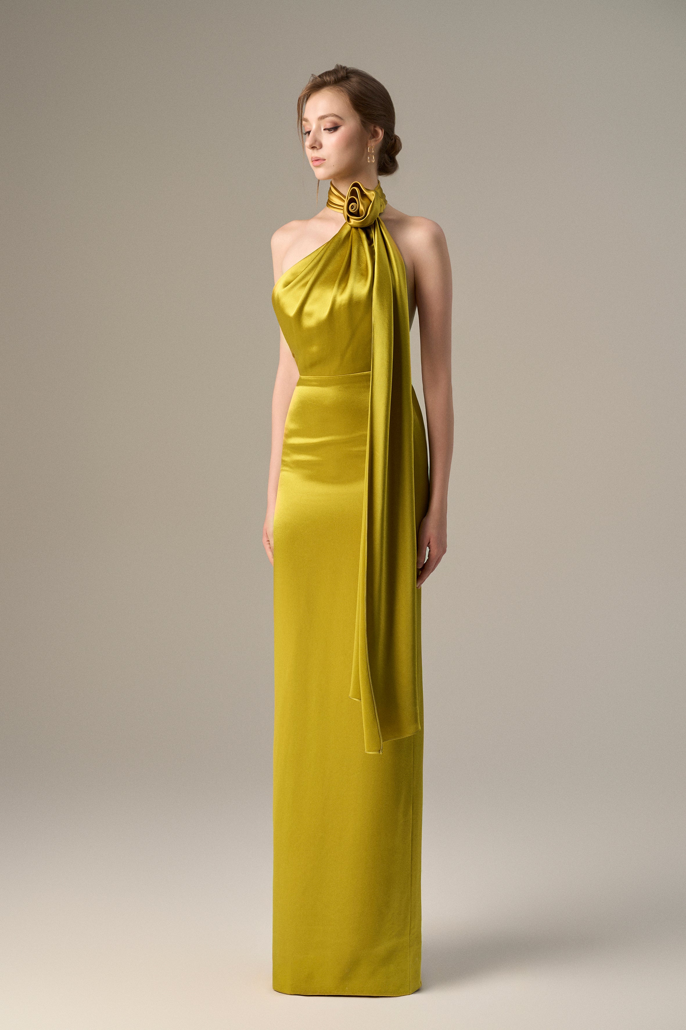 Yellow Satin Silk Halter Dress With Cross Detail And Pleated Drape