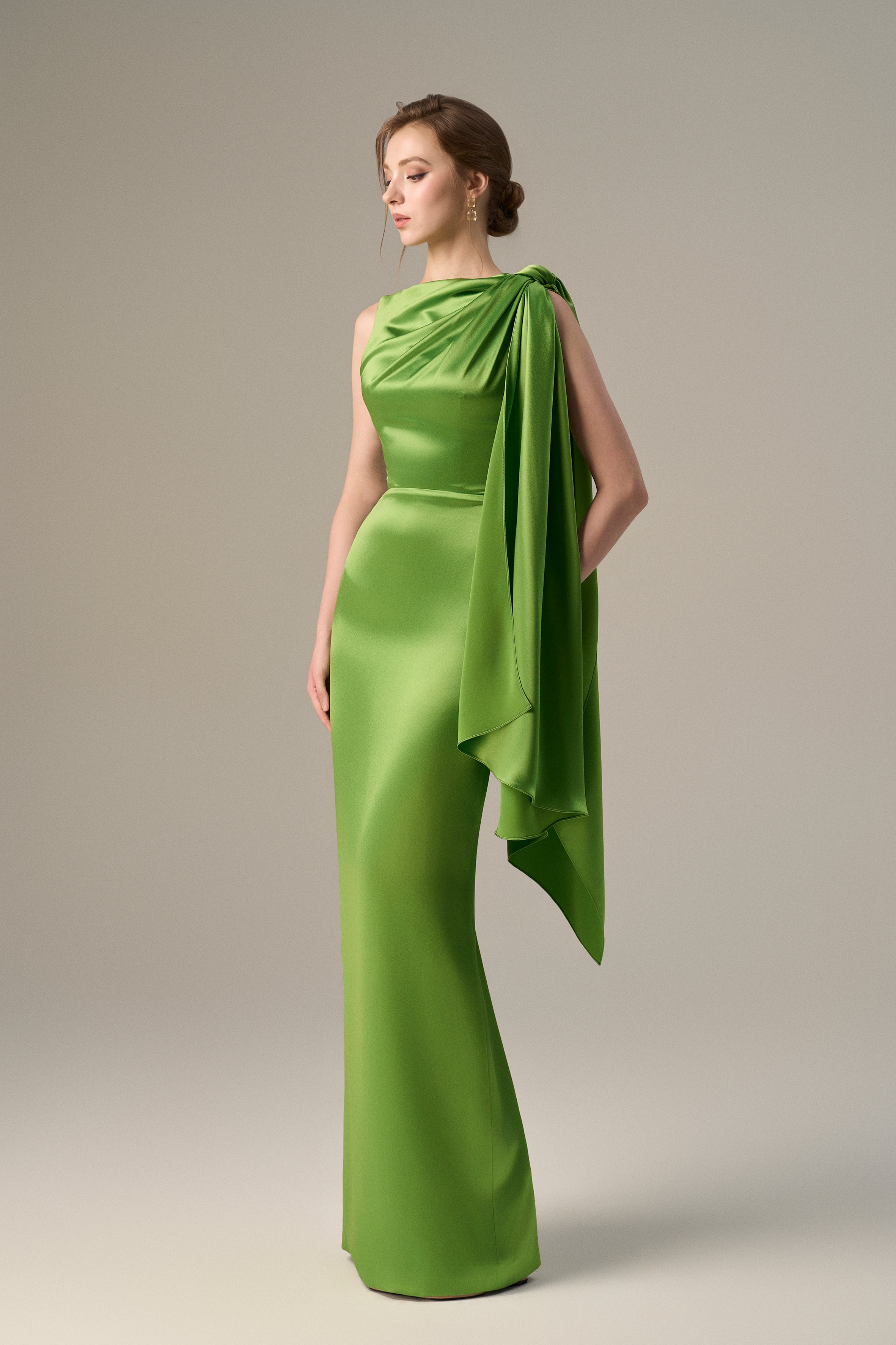 Asymmetric Pleated Gown With Tie Detail In Satin Silk
