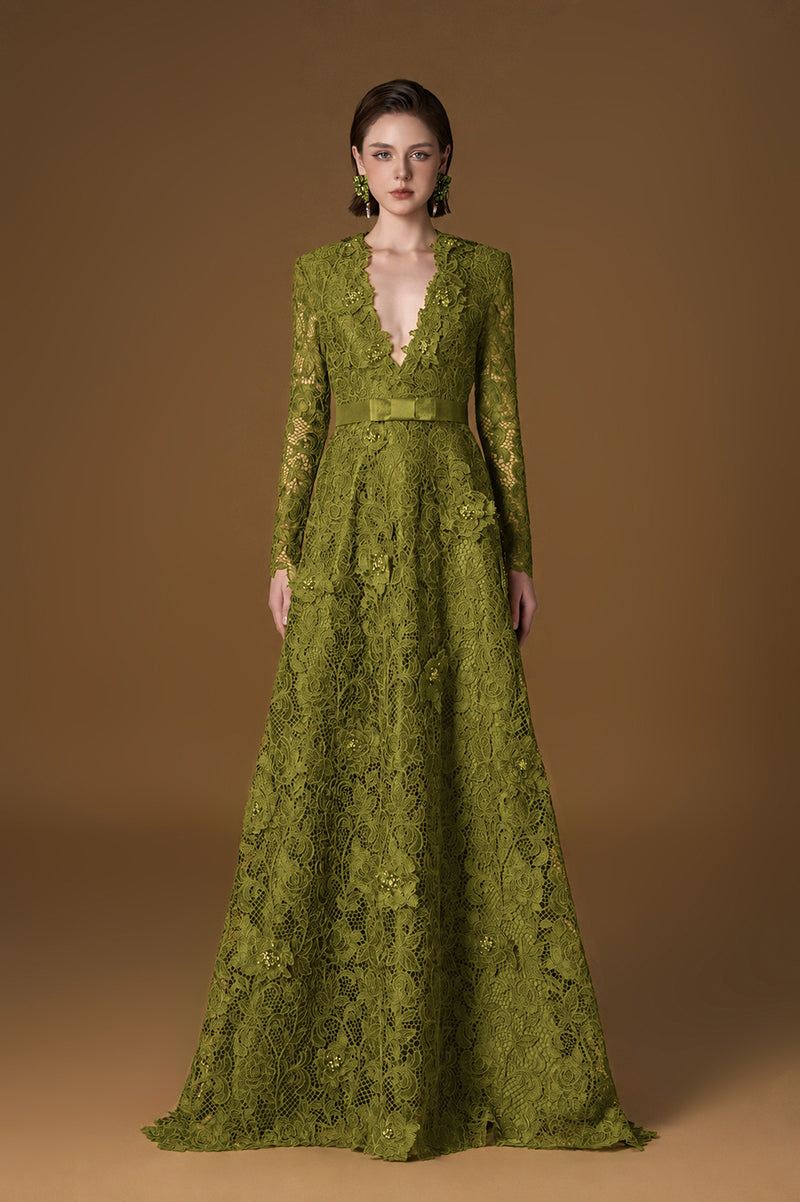 V Neck A-line Gown With Long Sleeves In Olive Guipure Lace