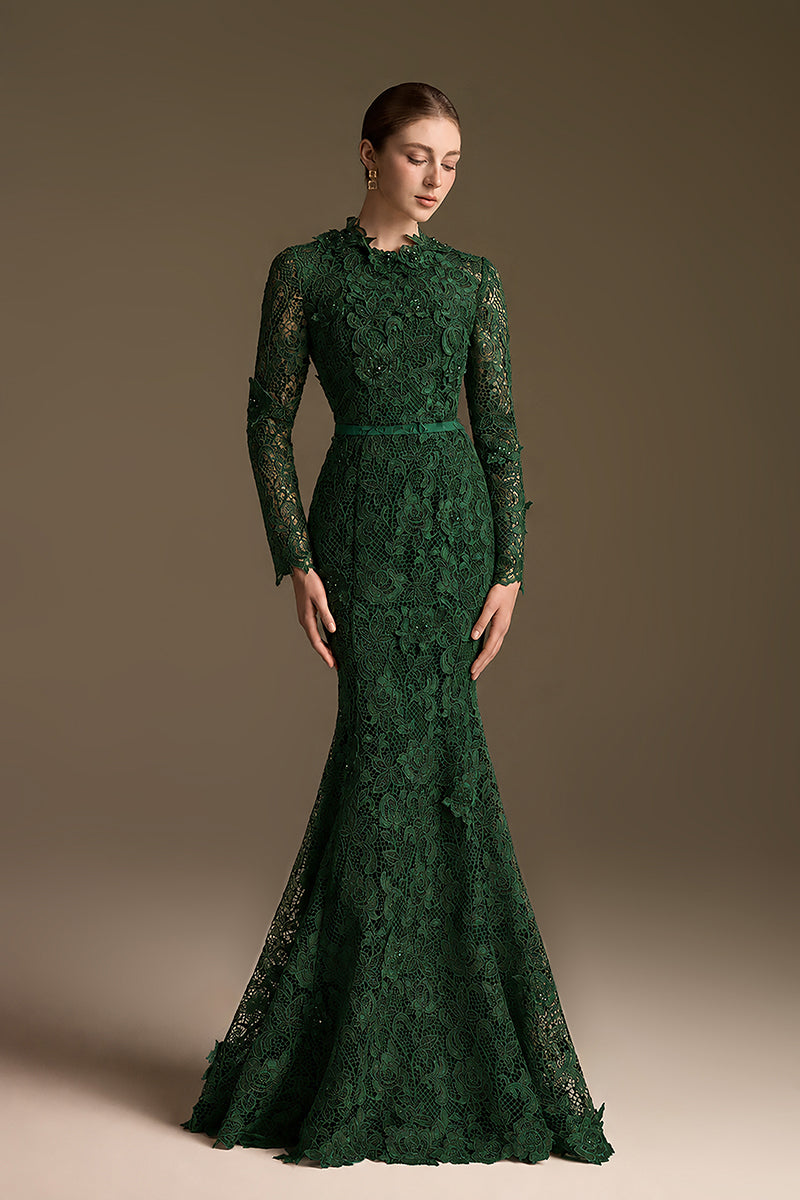Round Neck Mermaid Gown With Long Sleeves In Dark Green Guipure Lace