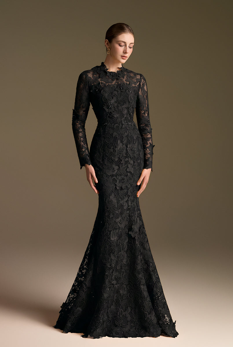 Round Neck Mermaid Gown With Long Sleeves In Black Guipure Lace
