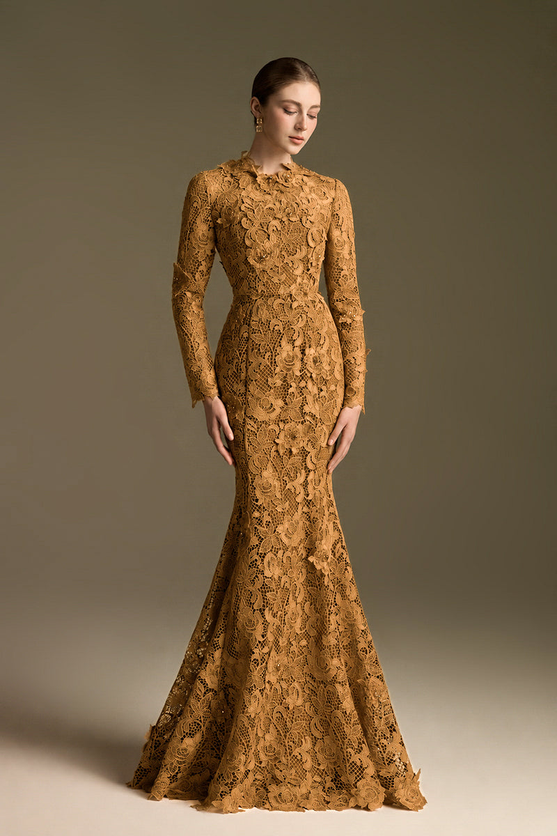 Round Neck Mermaid Gown With Long Sleeves In Gold Guipure Lace