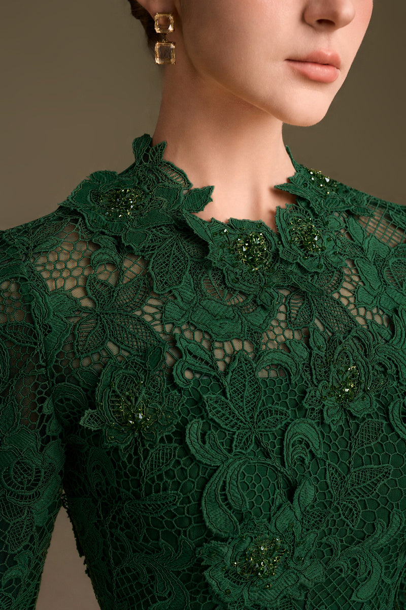 Round Neck Mermaid Gown With Long Sleeves In Dark Green Guipure Lace