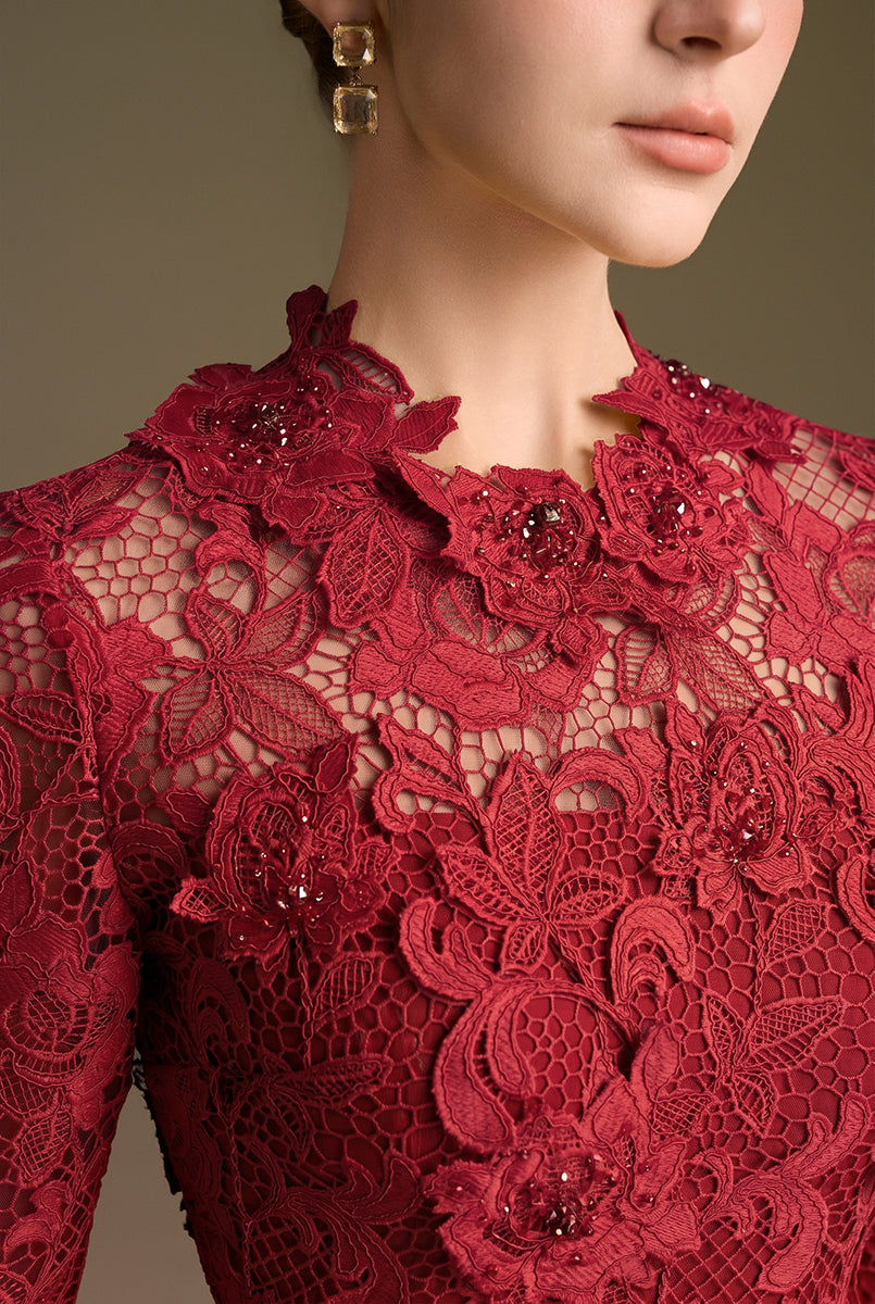 Round Neck Mermaid Gown With Long Sleeves In Red Guipure Lace
