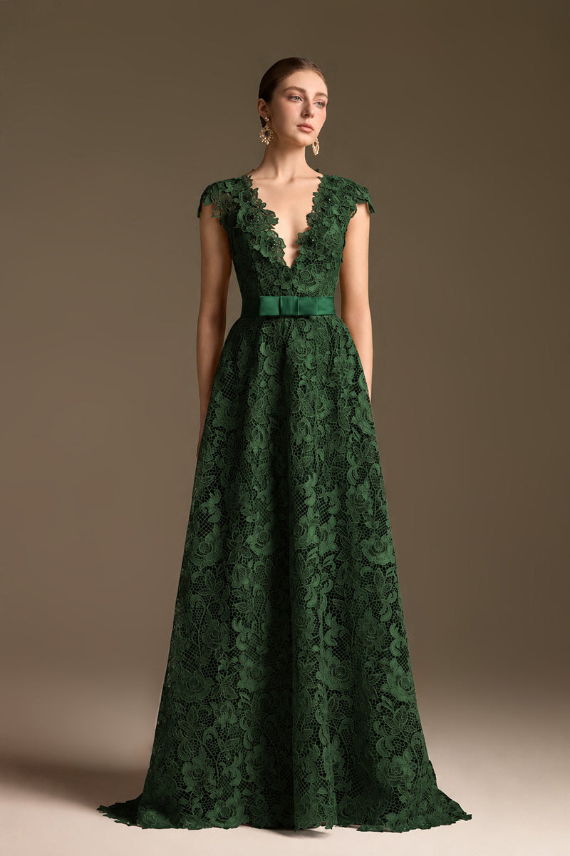V-Neck Sleeveless A-Line Gown In Dark Green Guipure Lace