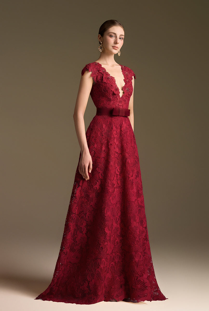 V-Neck Sleeveless A-Line Gown In Red Guipure Lace