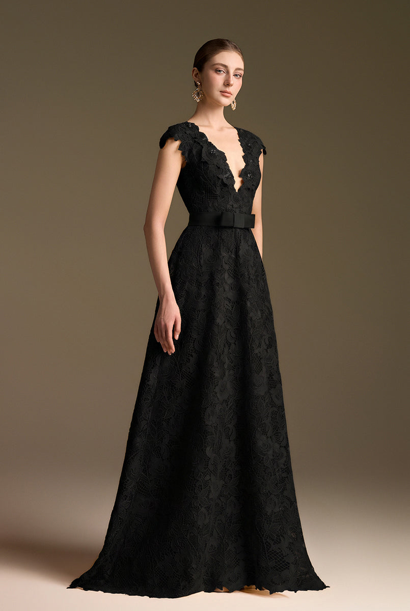 V-Neck Sleeveless A-Line Gown In Black Guipure Lace