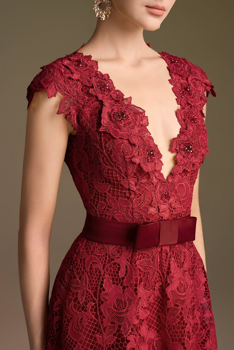V-Neck Sleeveless A-Line Gown In Red Guipure Lace