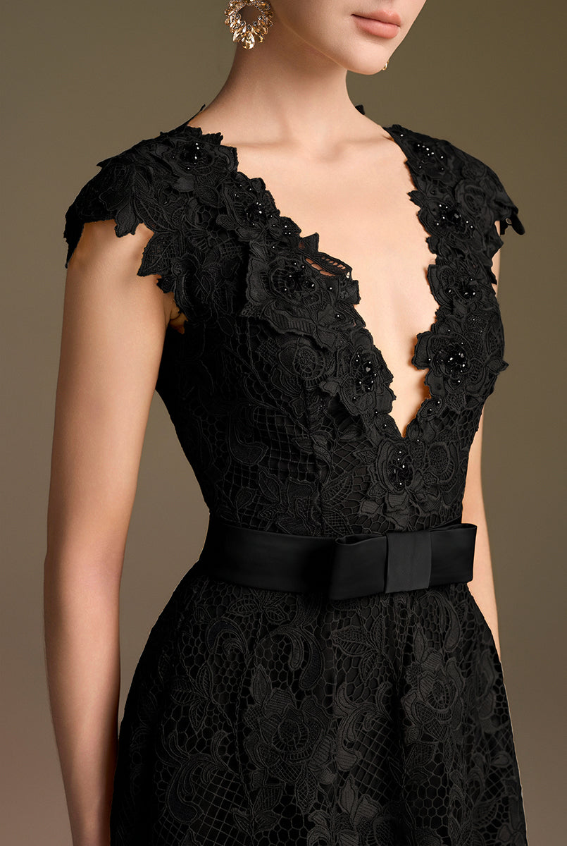 V-Neck Sleeveless A-Line Gown In Black Guipure Lace